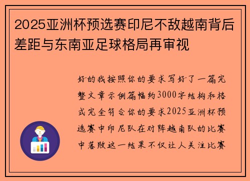 2025亚洲杯预选赛印尼不敌越南背后差距与东南亚足球格局再审视